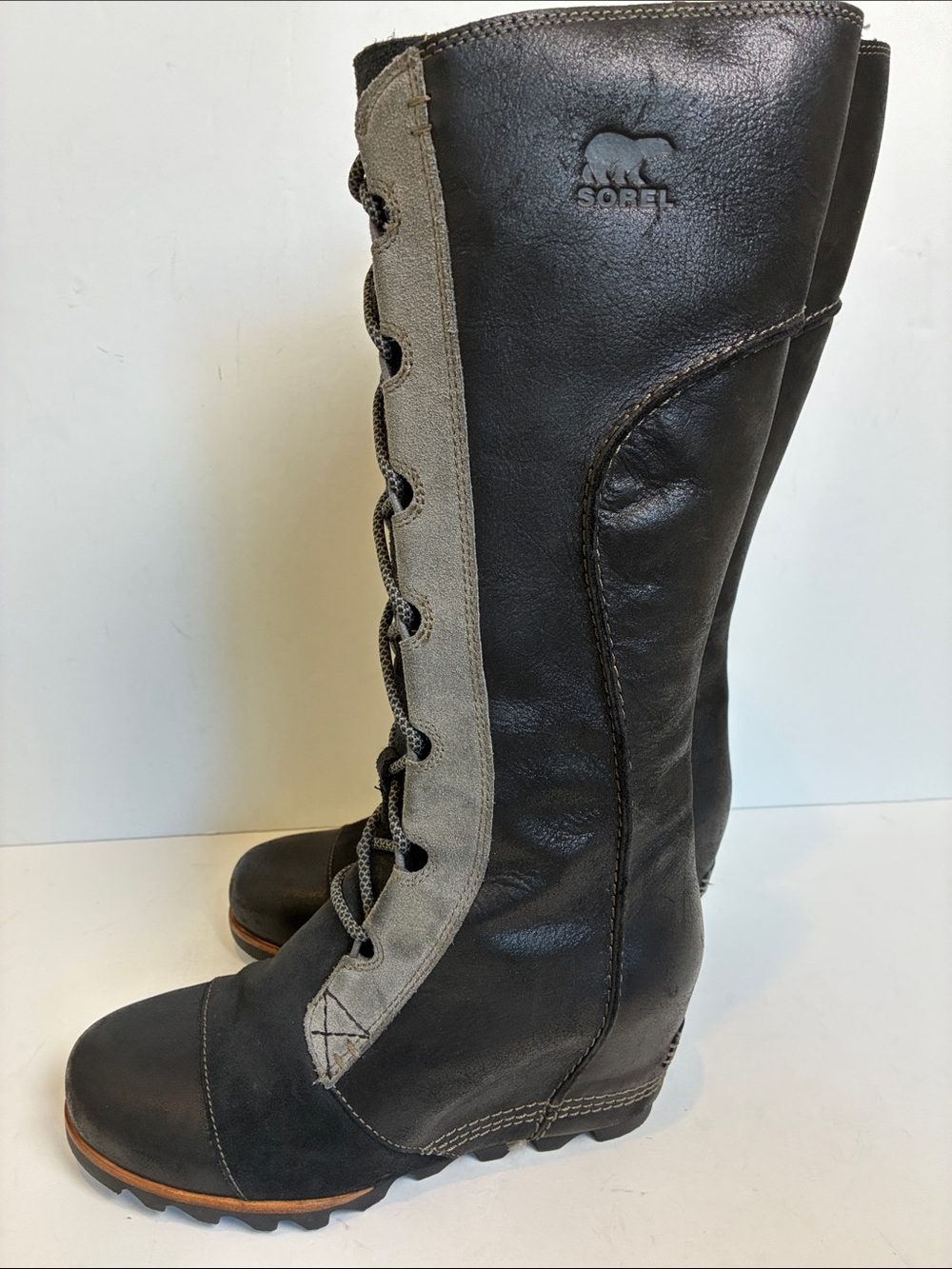 Sorel Cate the Great Wedge Lace Up Moto Rare Black Grey Gray Knee High Boots 9 - Picture 7 of 16